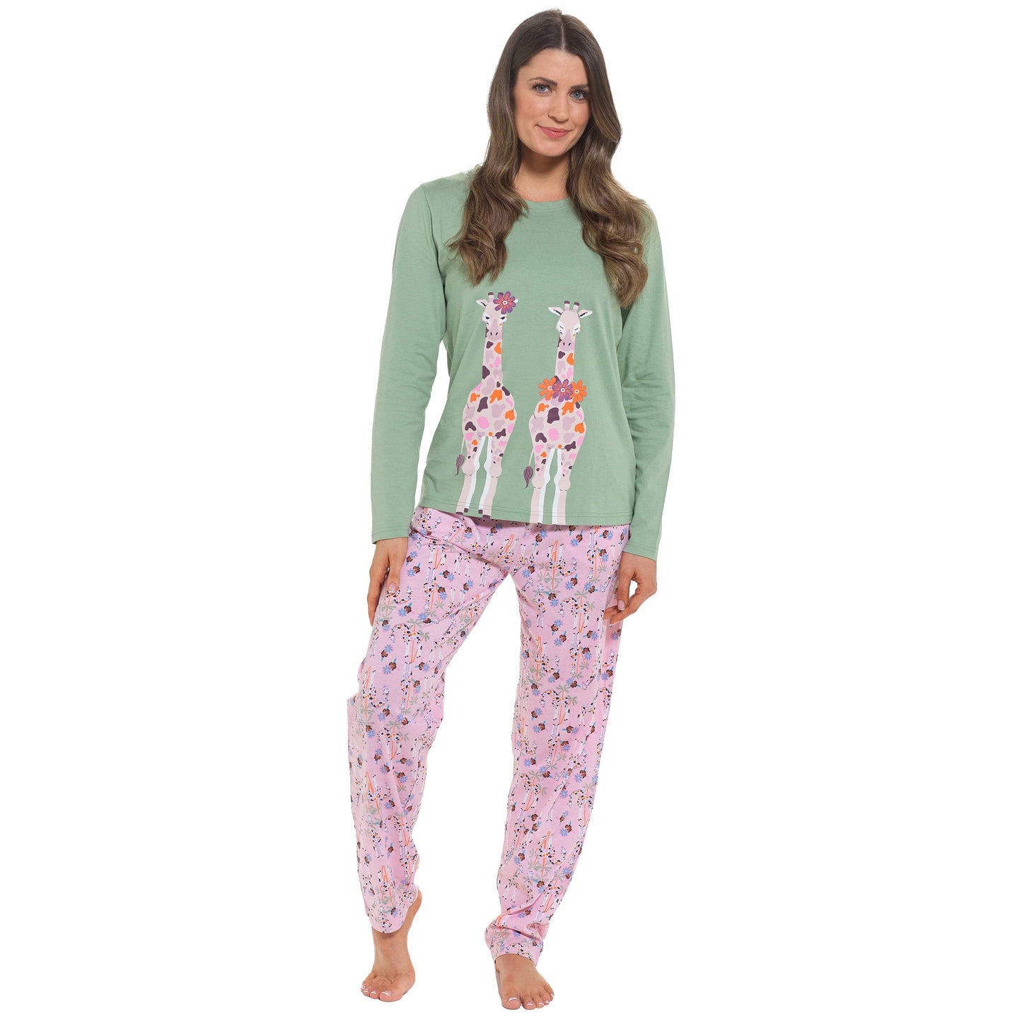 Women's Giraffe Cotton Jersey Long Sleeve Pyjama Set Comfortable PJs Soft Loungewear Summer Holiday Sleepwear by Daisy Dreamer
