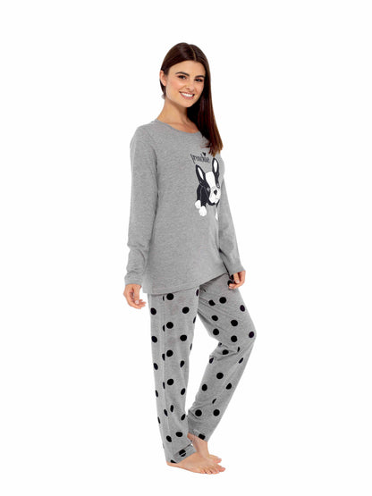 Women's Grey Cotton Pyjama Set with Polka Dot Pants and Frenchie Pugs Print, Long Sleeve Top, Comfortable Loungewear, Soft Breathable Fabric, Hypoallergenic, Stylish Sleepwear by Daisy Dreamer
