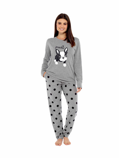 Women's Grey Cotton Pyjama Set with Polka Dot Pants and Frenchie Pugs Print, Long Sleeve Top, Comfortable Loungewear, Soft Breathable Fabric, Hypoallergenic, Stylish Sleepwear by Daisy Dreamer