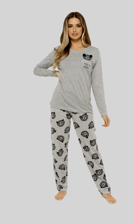 Women's Grey Cotton Pyjama Set with Teddy Bear Design Soft Jersey Long Sleeve Top and Elasticated Bottoms Cosy Breathable Nightwear Loungewear Various Sizes by Daisy Dreamer