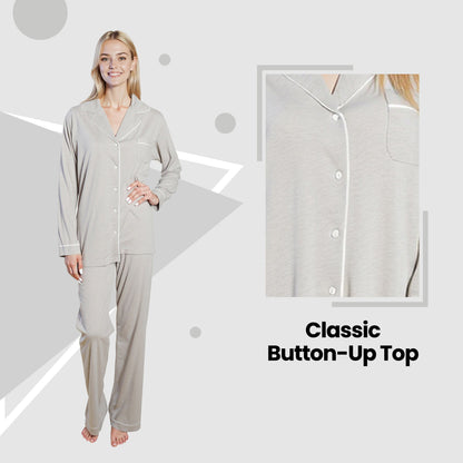 Women's Grey Pyjama Set Soft Touch Long Sleeve Button-Up Top & Bottoms Two-Piece Nightwear by Daisy Dreamer