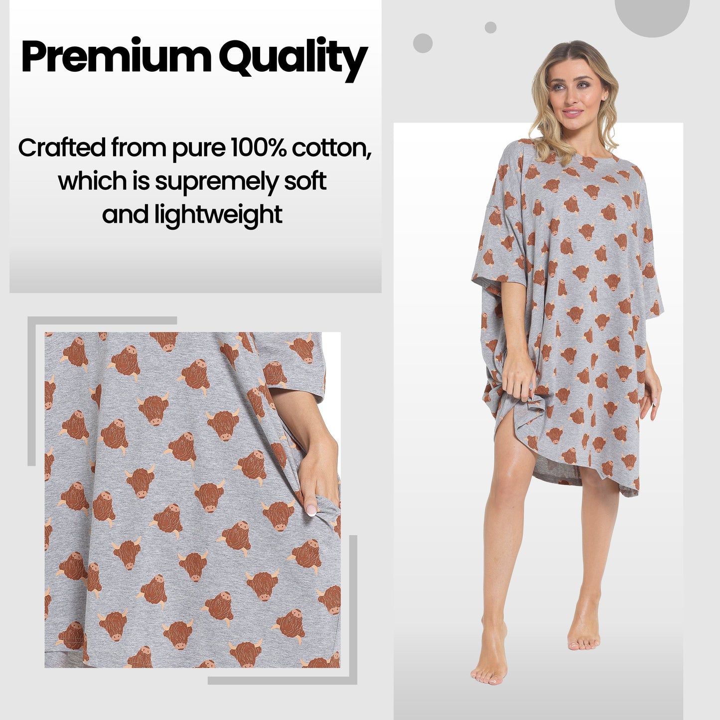 Women's Highland Cow Cream Baggy Nighty Dress Oversized T-Shirt Nighties 100% Cotton Short Sleeved Nightshirt for Ladies by Daisy Dreamer