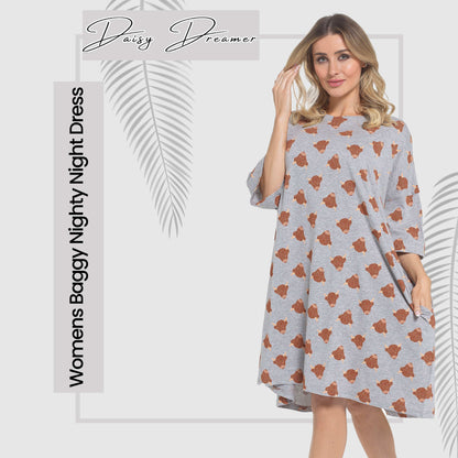 Women's Highland Cow Cream Baggy Nighty Dress Oversized T-Shirt Nighties 100% Cotton Short Sleeved Nightshirt for Ladies by Daisy Dreamer
