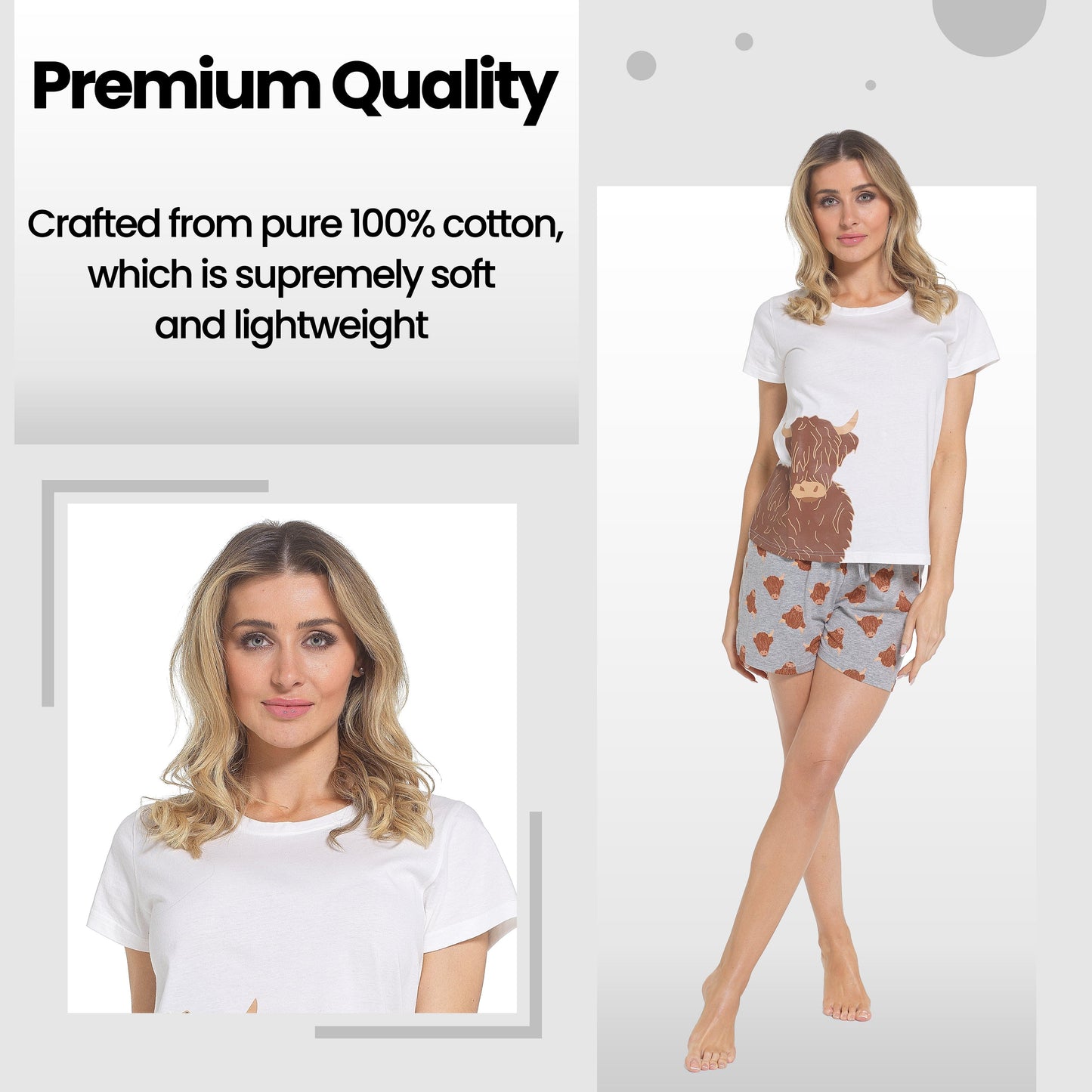 Women's Highland Cow Pyjama Set T-Shirt & Shorts PJs Soft Cotton Loungewear Summer Holiday Sleepwear by Daisy Dreamer