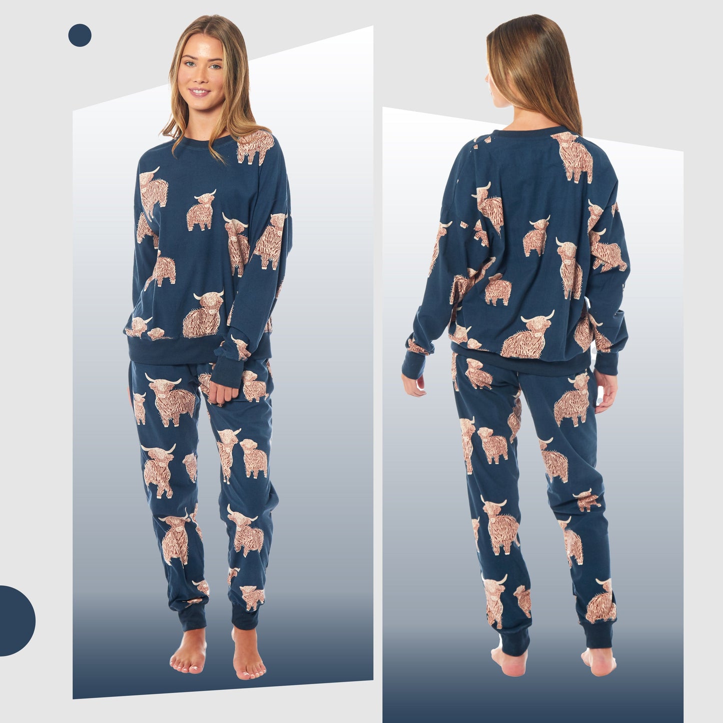 Women's Highland Cow Soft Fleece Pyjama Set Long Sleeve Animal Print Warm PJs Loungewear Sleepwear for Ladies by Daisy Dreamer