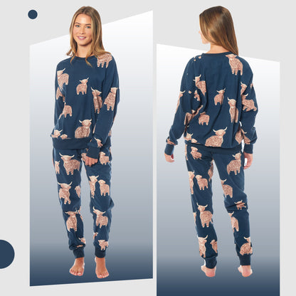 Women's Highland Cow Soft Fleece Pyjama Set Long Sleeve Animal Print Warm PJs Loungewear Sleepwear for Ladies by Daisy Dreamer