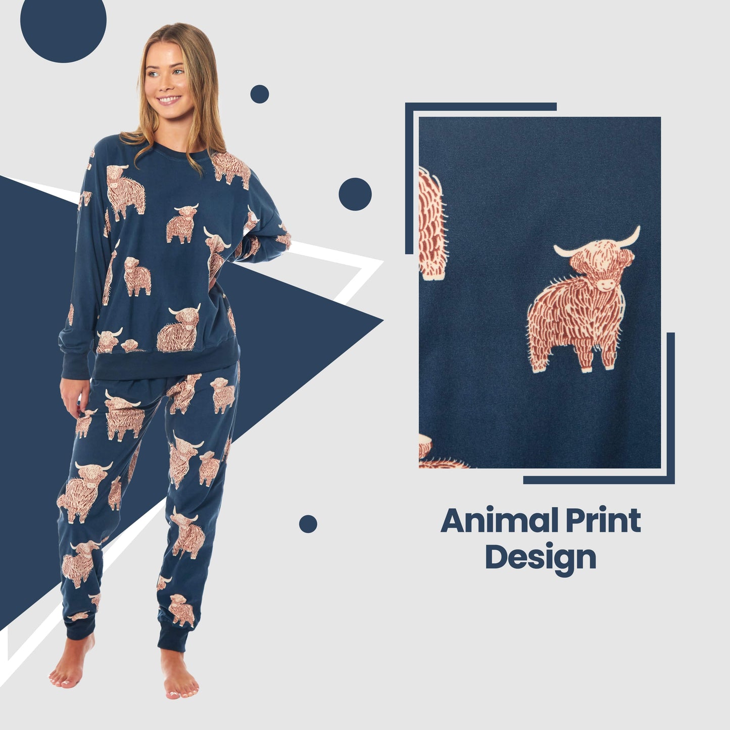 Women's Highland Cow Soft Fleece Pyjama Set Long Sleeve Animal Print Warm PJs Loungewear Sleepwear for Ladies by Daisy Dreamer