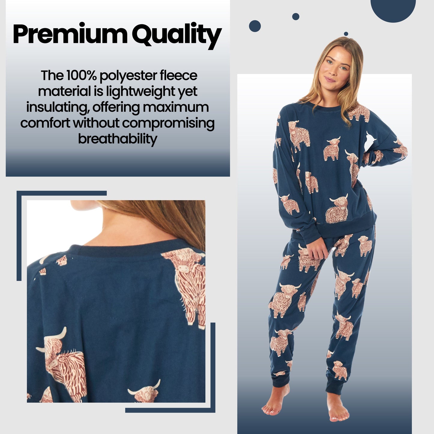 Women's Highland Cow Soft Fleece Pyjama Set Long Sleeve Animal Print Warm PJs Loungewear Sleepwear for Ladies by Daisy Dreamer