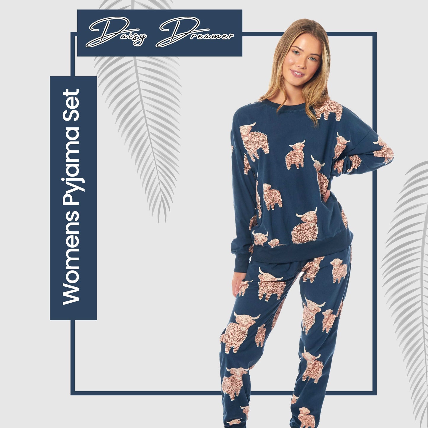 Women's Highland Cow Soft Fleece Pyjama Set Long Sleeve Animal Print Warm PJs Loungewear Sleepwear for Ladies by Daisy Dreamer