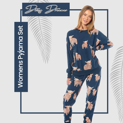 Women's Highland Cow Soft Fleece Pyjama Set Long Sleeve Animal Print Warm PJs Loungewear Sleepwear for Ladies by Daisy Dreamer
