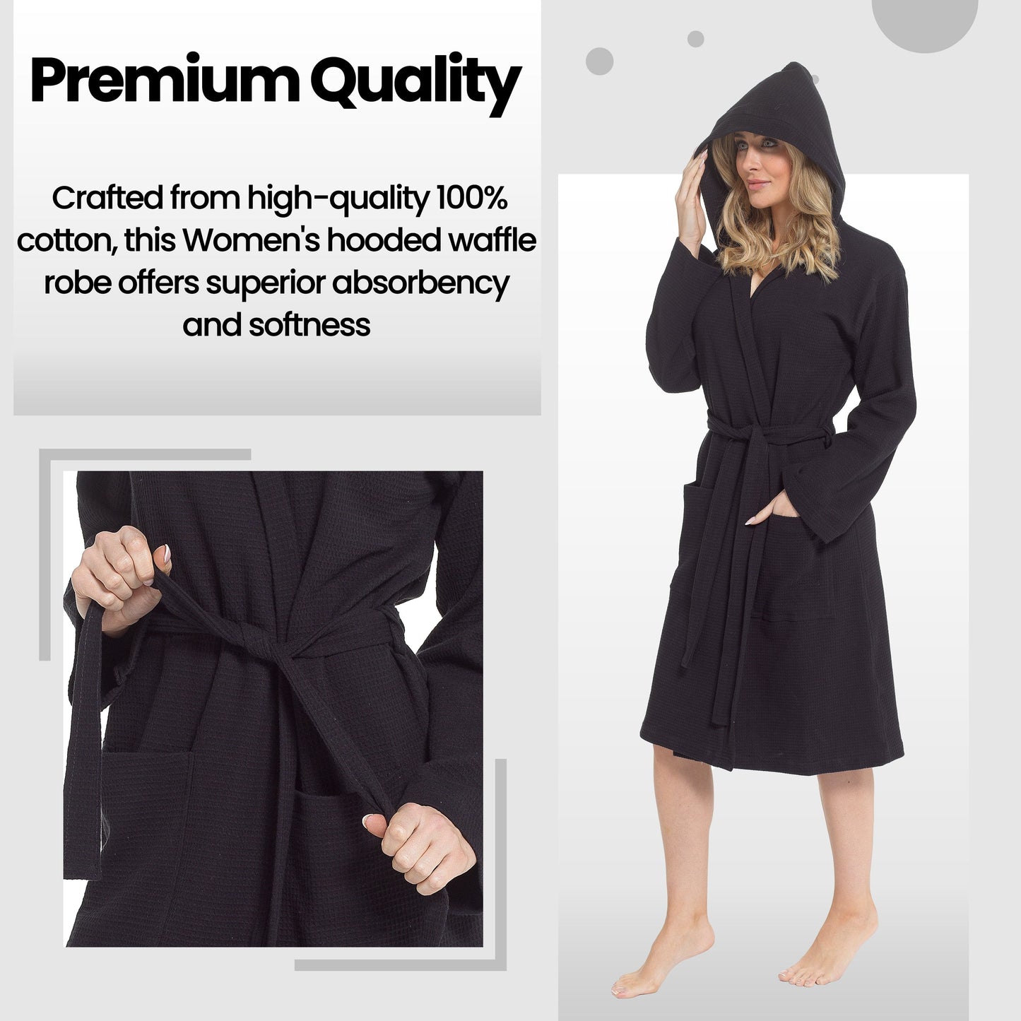 Women's Hooded Waffle Cotton Bathrobe Black Super Absorbent Spa Dressing Gown for Home Lounge & Travel by Daisy Dreamer