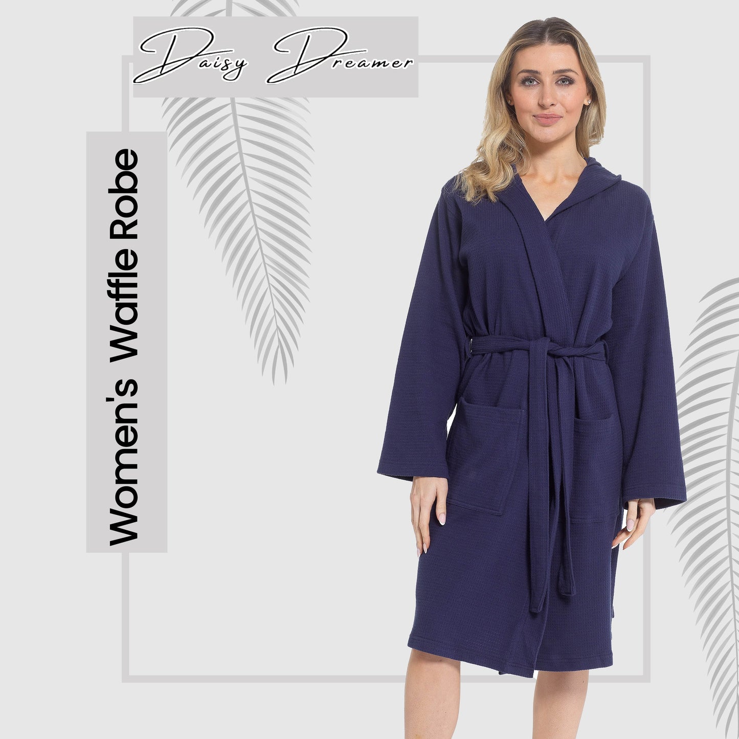Women's Hooded Waffle Cotton Bathrobe Navy Super Absorbent Spa Dressing Gown for Home Lounge & Travel by Daisy Dreamer