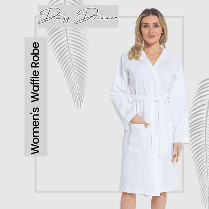 Women's Hooded Waffle Cotton Bathrobe White Super Absorbent Spa Dressing Gown for Home Lounge & Travel by Daisy Dreamer