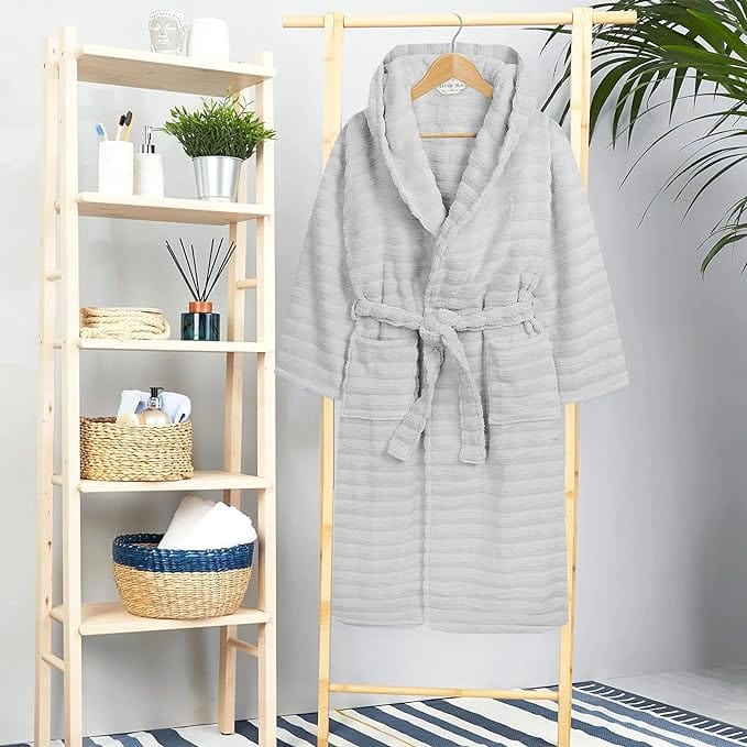 Women's Hydro Ribbed Ultra Soft 100% Cotton Hooded Bath Robes with Pockets and Belt Luxury Terry Towelling Loungewear Sleepwear in White and Grey by OLIVIA ROCCO