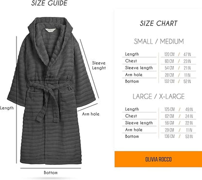 Women's Hydro Ribbed Ultra Soft 100% Cotton Hooded Bath Robes with Pockets and Belt Luxury Terry Towelling Loungewear Sleepwear in White and Grey by OLIVIA ROCCO