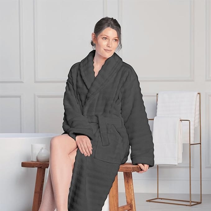 Women's Hydro Ribbed Ultra Soft 100% Cotton Hooded Bath Robes with Pockets and Belt Luxury Terry Towelling Loungewear Sleepwear in White and Grey by OLIVIA ROCCO