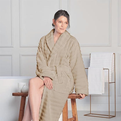 Women's Hydro Ribbed Ultra Soft 100% Cotton Hooded Bath Robes with Pockets and Belt Luxury Terry Towelling Loungewear Sleepwear in White and Grey by OLIVIA ROCCO