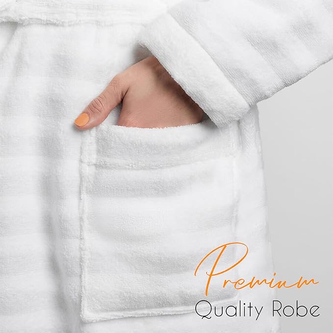 Women's Hydro Ribbed Ultra Soft 100% Cotton Hooded Bath Robes with Pockets and Belt Luxury Terry Towelling Loungewear Sleepwear in White and Grey by OLIVIA ROCCO