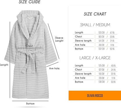Women's Hydro Ribbed Ultra Soft 100% Cotton Hooded Bath Robes with Pockets and Belt Luxury Terry Towelling Loungewear Sleepwear in White and Grey by OLIVIA ROCCO