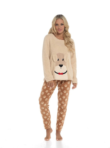 Women's Luxurious Fleece Pyjama Set Dog Snuggle Design Cosy Loungewear Sleepwear with Long Sleeve Top and Patterned Bottoms Comfortable PJs for Ladies Multiple Sizes Daisy Dreamer