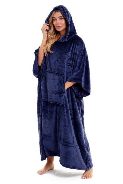 Women's Oversized Hooded Poncho Blanket Ultra-Soft Plush Fleece Giant Hoodie Sweatshirt Navy and Charcoal Lounge Wear with Double Front Pocket for Indoor and Outdoor Use by Daisy Dreamer
