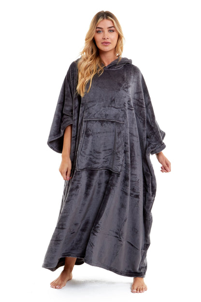 Women's Oversized Hooded Poncho Blanket Ultra-Soft Plush Fleece Giant Hoodie Sweatshirt Navy and Charcoal Lounge Wear with Double Front Pocket for Indoor and Outdoor Use by Daisy Dreamer