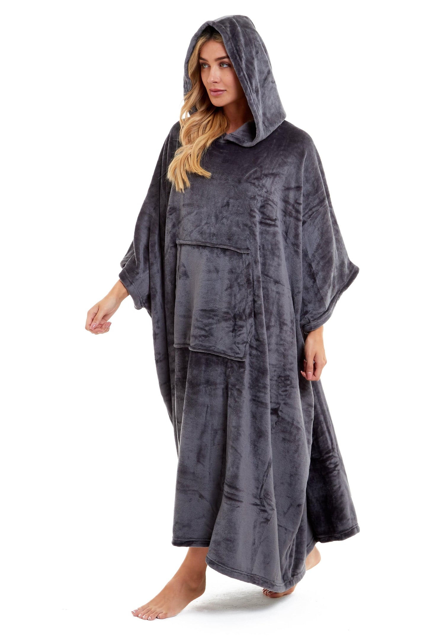 Women's Oversized Hooded Poncho Blanket Ultra-Soft Plush Fleece Giant Hoodie Sweatshirt Navy and Charcoal Lounge Wear with Double Front Pocket for Indoor and Outdoor Use by Daisy Dreamer