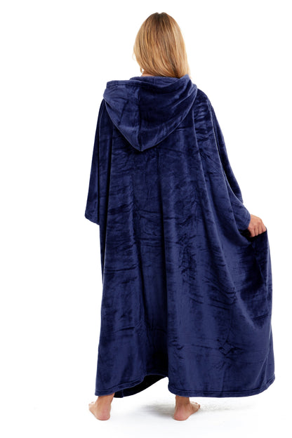 Women's Oversized Hooded Poncho Blanket Ultra-Soft Plush Fleece Giant Hoodie Sweatshirt Navy and Charcoal Lounge Wear with Double Front Pocket for Indoor and Outdoor Use by Daisy Dreamer