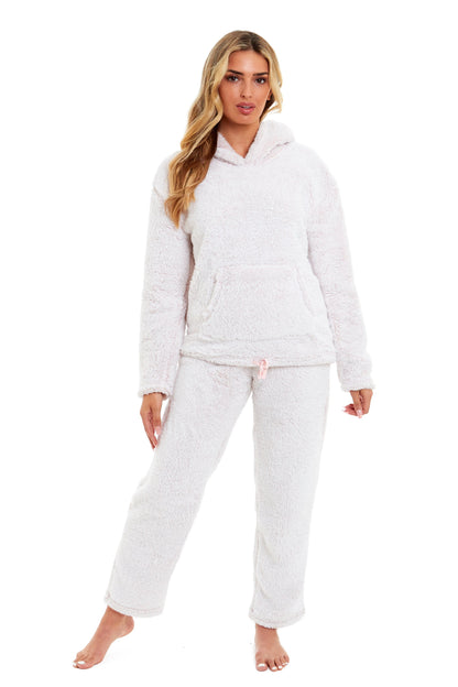 Women's Pink Plush Fleece Hooded Pyjama Set Ultimate Comfort Warmth Ladies Flannel Teddy Nightwear Loungewear Sizes 8-22 Ideal Gift by Daisy Dreamer