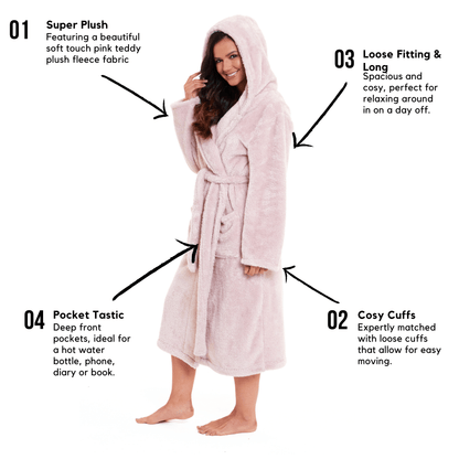 Women's Pink Velvet Touch Fleece Hooded Dressing Gown Ultra-Soft Fluffy Bathrobe Perfect Loungewear for Comfort and Warmth Available in Multiple Sizes by Daisy Dreamer