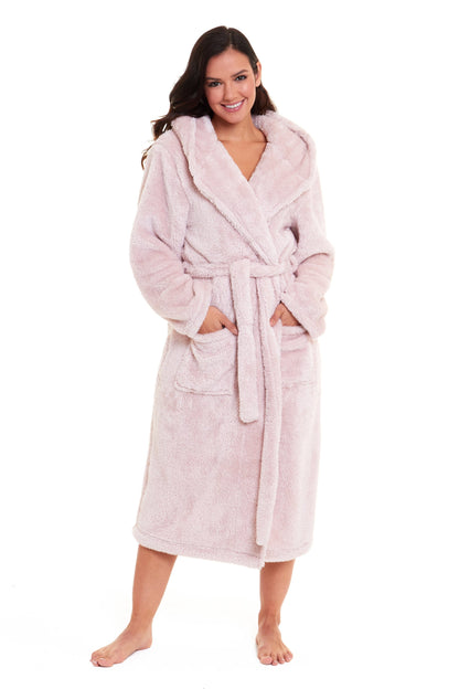Women's Pink Velvet Touch Fleece Hooded Dressing Gown Ultra-Soft Fluffy Bathrobe Perfect Loungewear for Comfort and Warmth Available in Multiple Sizes by Daisy Dreamer