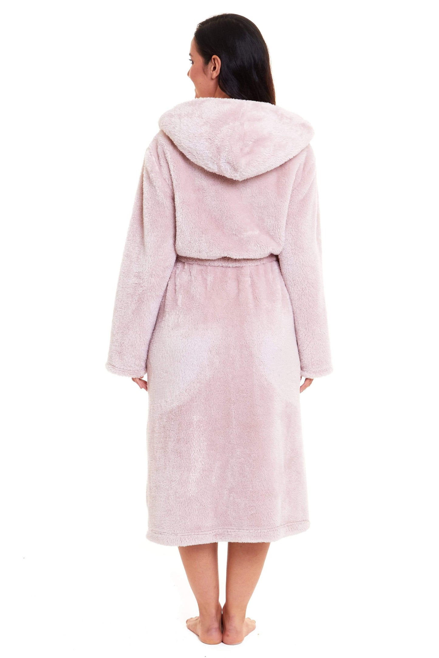 Women's Pink Velvet Touch Fleece Hooded Dressing Gown Ultra-Soft Fluffy Bathrobe Perfect Loungewear for Comfort and Warmth Available in Multiple Sizes by Daisy Dreamer