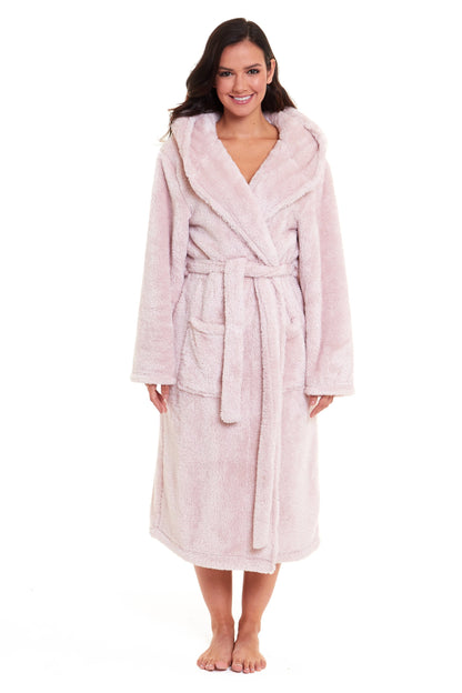 Women's Pink Velvet Touch Fleece Hooded Dressing Gown Ultra-Soft Fluffy Bathrobe Perfect Loungewear for Comfort and Warmth Available in Multiple Sizes by Daisy Dreamer