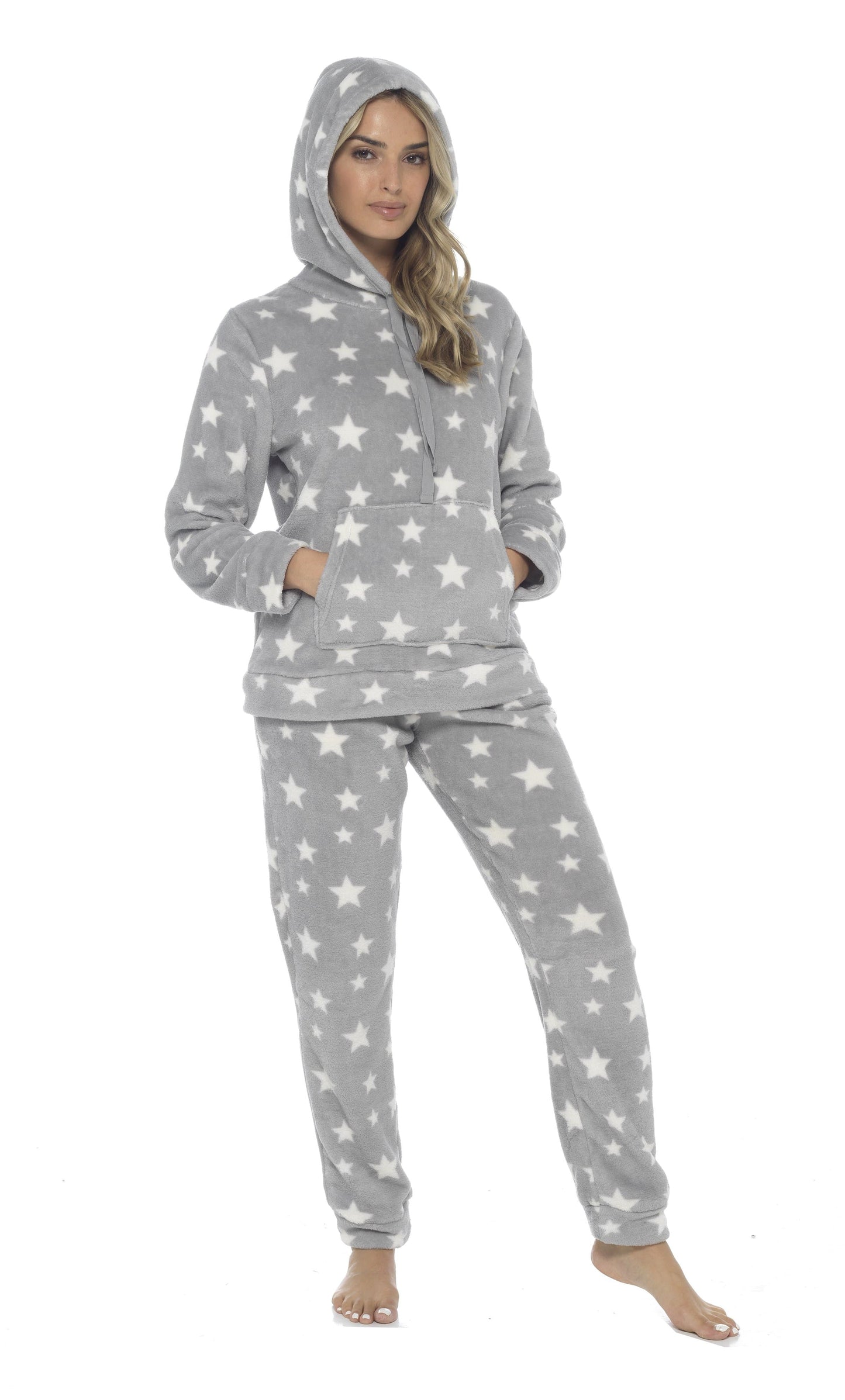Women's Plush Fleece Hooded Pyjama Set Stars Design Soft Teddy Fabric Cosy Nightwear Loungewear Warm Comfortable Multiple Sizes by Daisy Dreamer