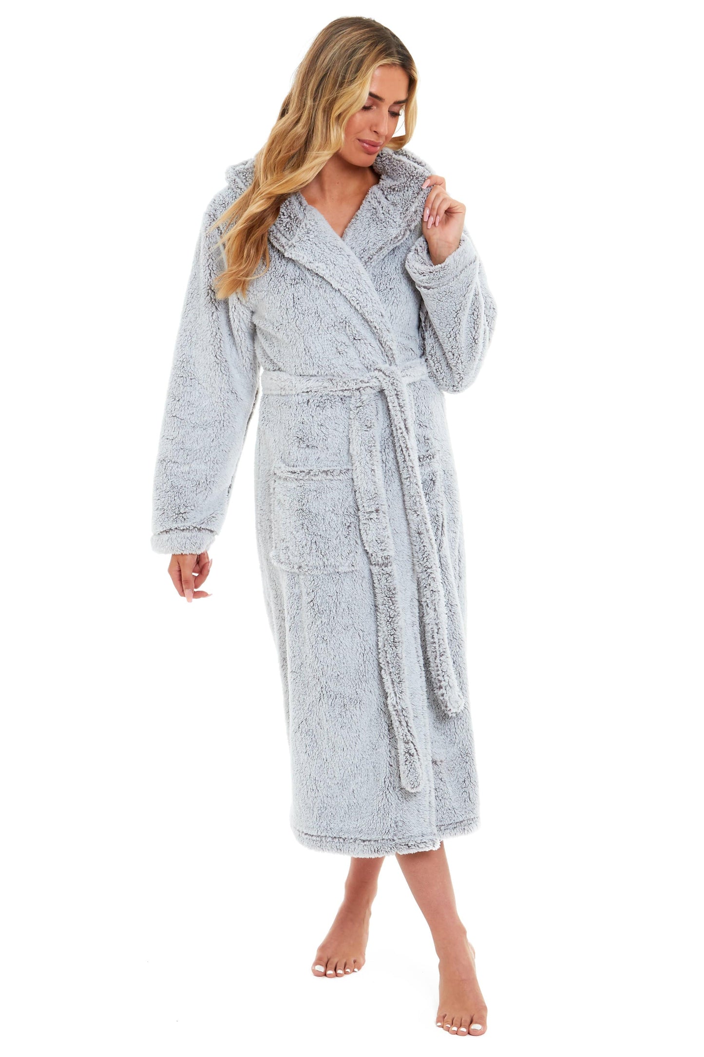 Women's Shimmer Grey Luxurious Velvet Fleece Hooded Dressing Gown for Ultimate Comfort by Daisy Dreamer