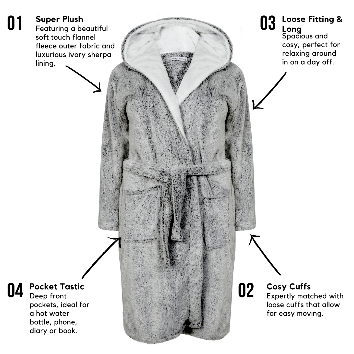 Women's Shimmer Grey Plush Fleece Hooded Robe with Ultra-Soft Sherpa Lining for Luxurious Loungewear and Nightwear by Daisy Dreamer