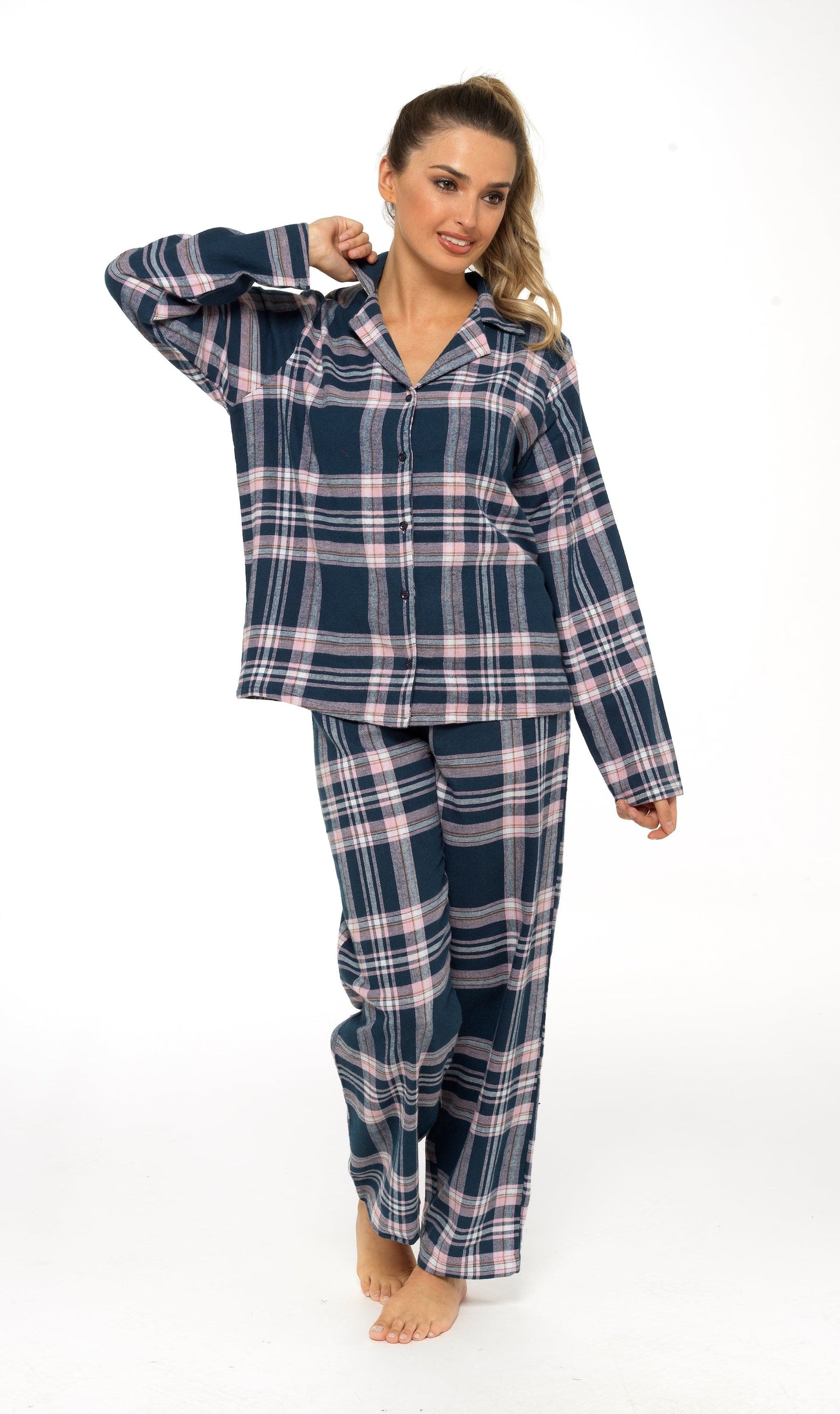 Women's Soft Cotton Flannelette Check Pyjama Set with Elasticated Waistband Cosy Warm Nightwear PJs Classic Check Pattern Sleepwear UK Sizes 8-22 by Daisy Dreamer