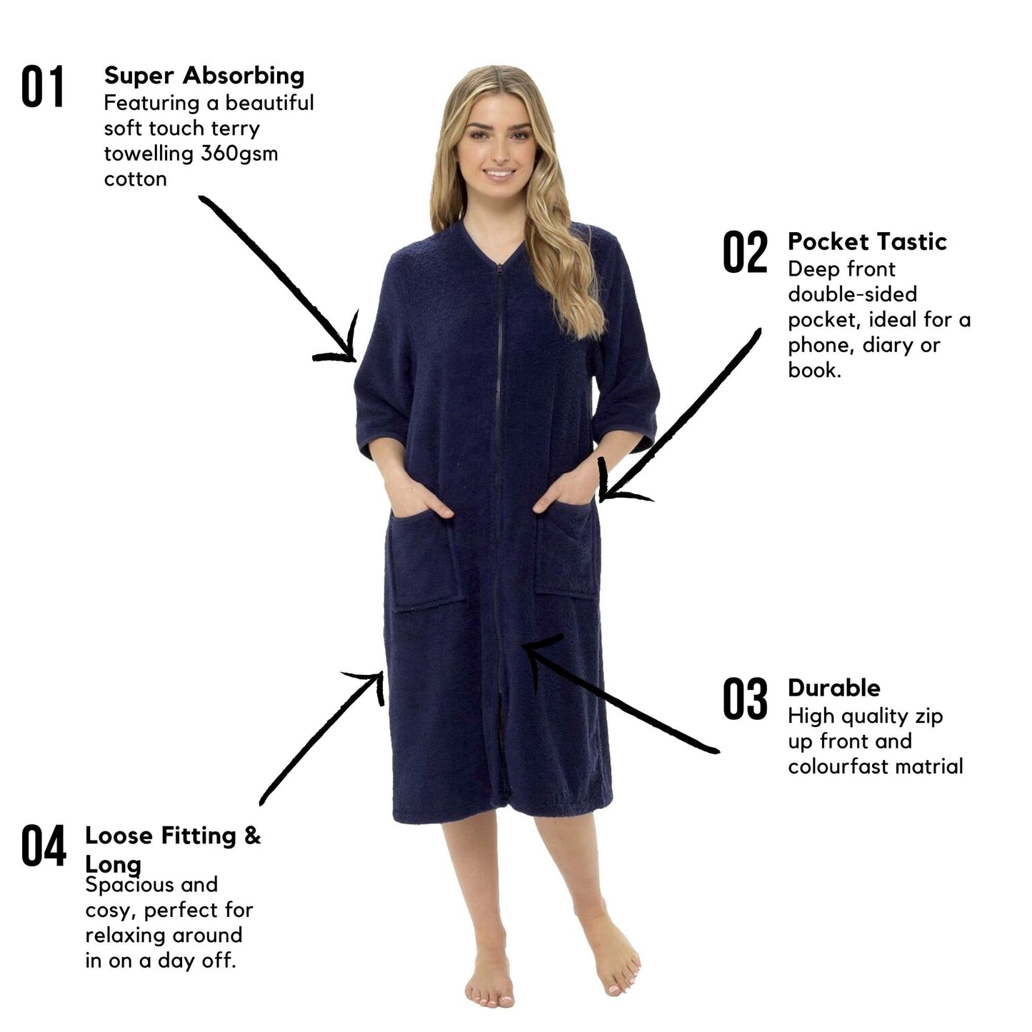 Women's Soft Fluffy Terry Towelling Zip Through Bathrobe 100 Percent Cotton Ultra Absorbent Post-Bath Lounge Wear UK Sizes 8-22 by Daisy Dreamer