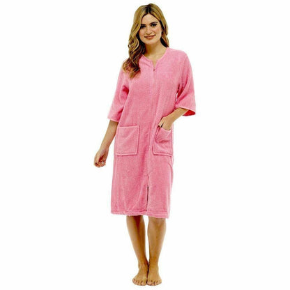 Women's Soft Fluffy Terry Towelling Zip Through Bathrobe 100 Percent Cotton Ultra Absorbent Post-Bath Lounge Wear UK Sizes 8-22 by Daisy Dreamer