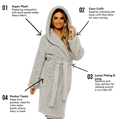 Women's Soft Grey Teddy Fleece Hooded Robe Ultra-Soft Sherpa Lined Cozy Nightwear Warm Dressing Gown by Daisy Dreamer