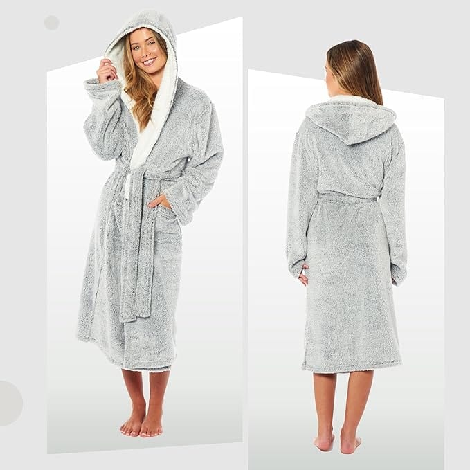 Women's Soft Plush Shimmer Fleece Hooded Bath Robe Luxurious Dressing Gown for Lounging and Sleeping in Shimmer Grey Multiple Sizes by Daisy Dreamer