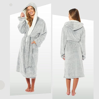 Women's Soft Plush Shimmer Fleece Hooded Bath Robe Luxurious Dressing Gown for Lounging and Sleeping in Shimmer Grey Multiple Sizes by Daisy Dreamer