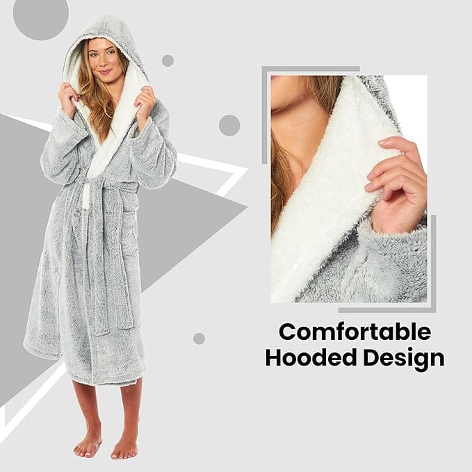 Women's Soft Plush Shimmer Fleece Hooded Bath Robe Luxurious Dressing Gown for Lounging and Sleeping in Shimmer Grey Multiple Sizes by Daisy Dreamer