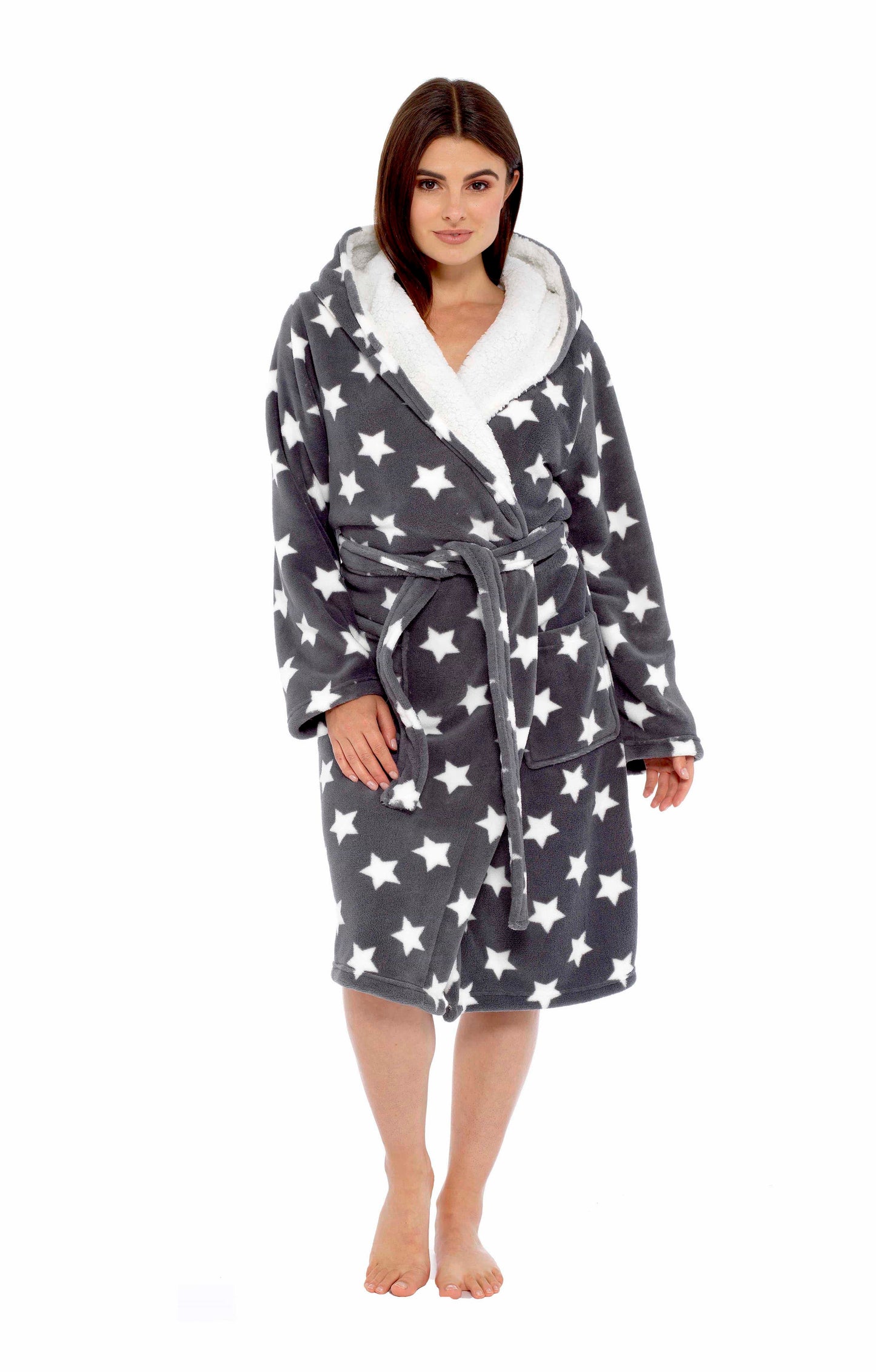 Women's Star Grey Hooded Plush Fleece Robe with Ultra Soft Sherpa Fur Lining and Stylish Star Pattern by Daisy Dreamer
