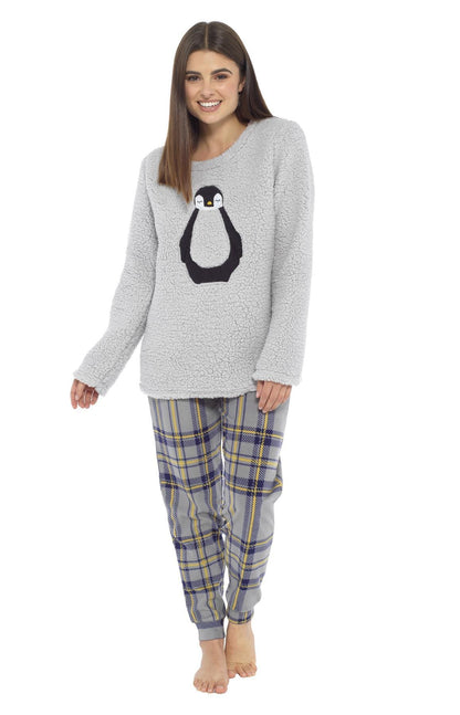 Women's Teddy Fleece Pyjama Set with Penguin Design Soft Cosy Nightwear Stylish Loungewear Warm Snuggle PJs with Contrasting Bottoms for Chilly Evenings by Daisy Dreamer