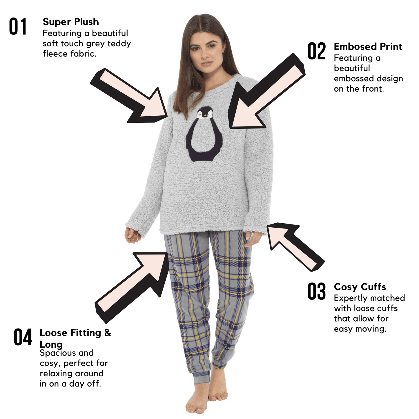 Women's Teddy Fleece Pyjama Set with Penguin Design Soft Cosy Nightwear Stylish Loungewear Warm Snuggle PJs with Contrasting Bottoms for Chilly Evenings by Daisy Dreamer