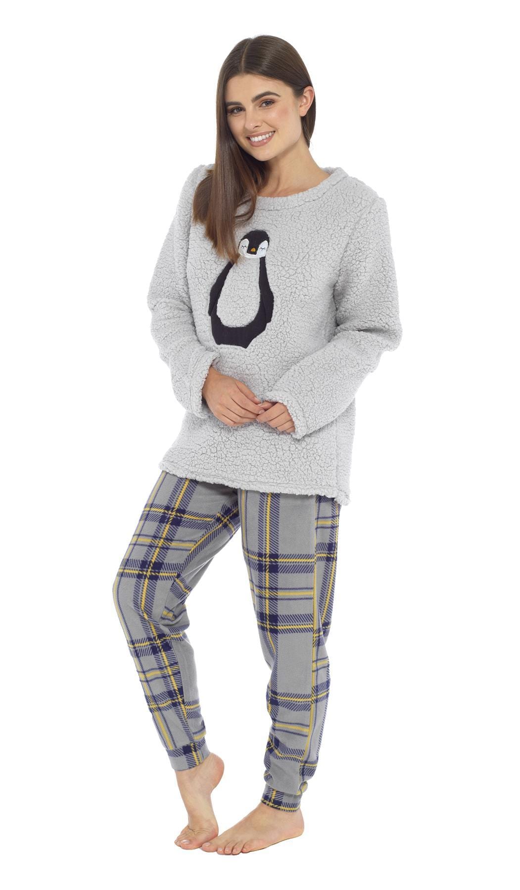 Women's Teddy Fleece Pyjama Set with Penguin Design Soft Cosy Nightwear Stylish Loungewear Warm Snuggle PJs with Contrasting Bottoms for Chilly Evenings by Daisy Dreamer