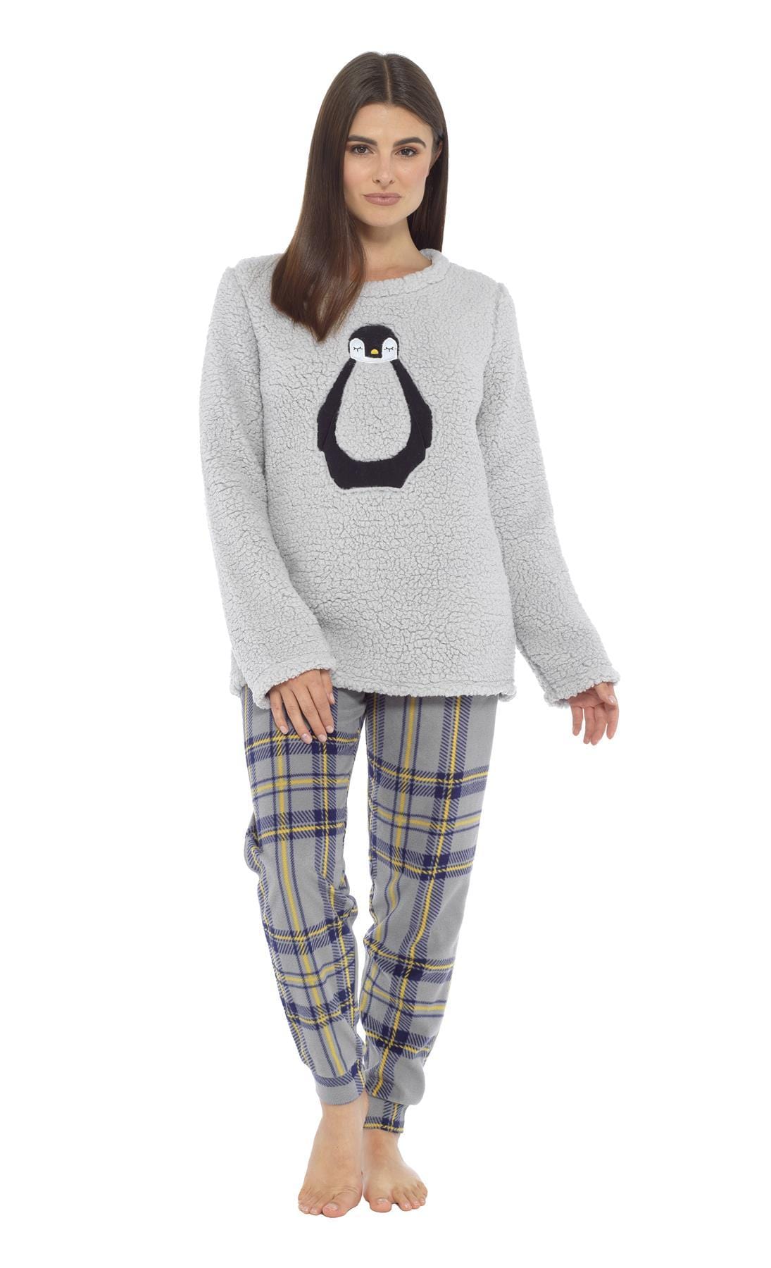 Women's Teddy Fleece Pyjama Set with Penguin Design Soft Cosy Nightwear Stylish Loungewear Warm Snuggle PJs with Contrasting Bottoms for Chilly Evenings by Daisy Dreamer