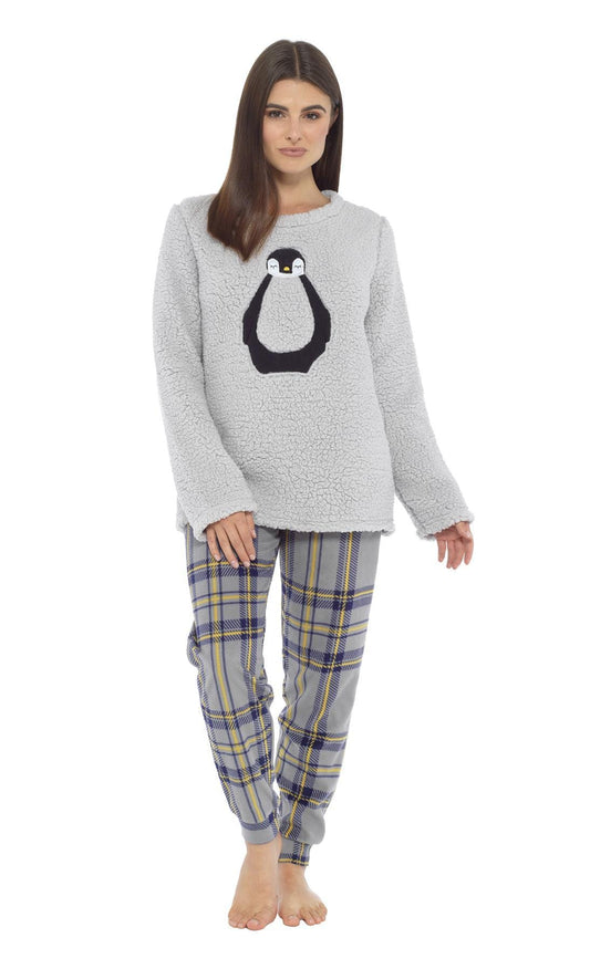 Women's Teddy Fleece Pyjama Set with Penguin Design Soft Cosy Nightwear Stylish Loungewear Warm Snuggle PJs with Contrasting Bottoms for Chilly Evenings by Daisy Dreamer