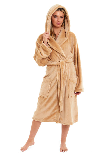 Women's Ultra-Soft Hooded Plush Fleece Dressing Gown Warm Velvet Bathrobe for Lounging and Relaxing in Winter by Daisy Dreamer